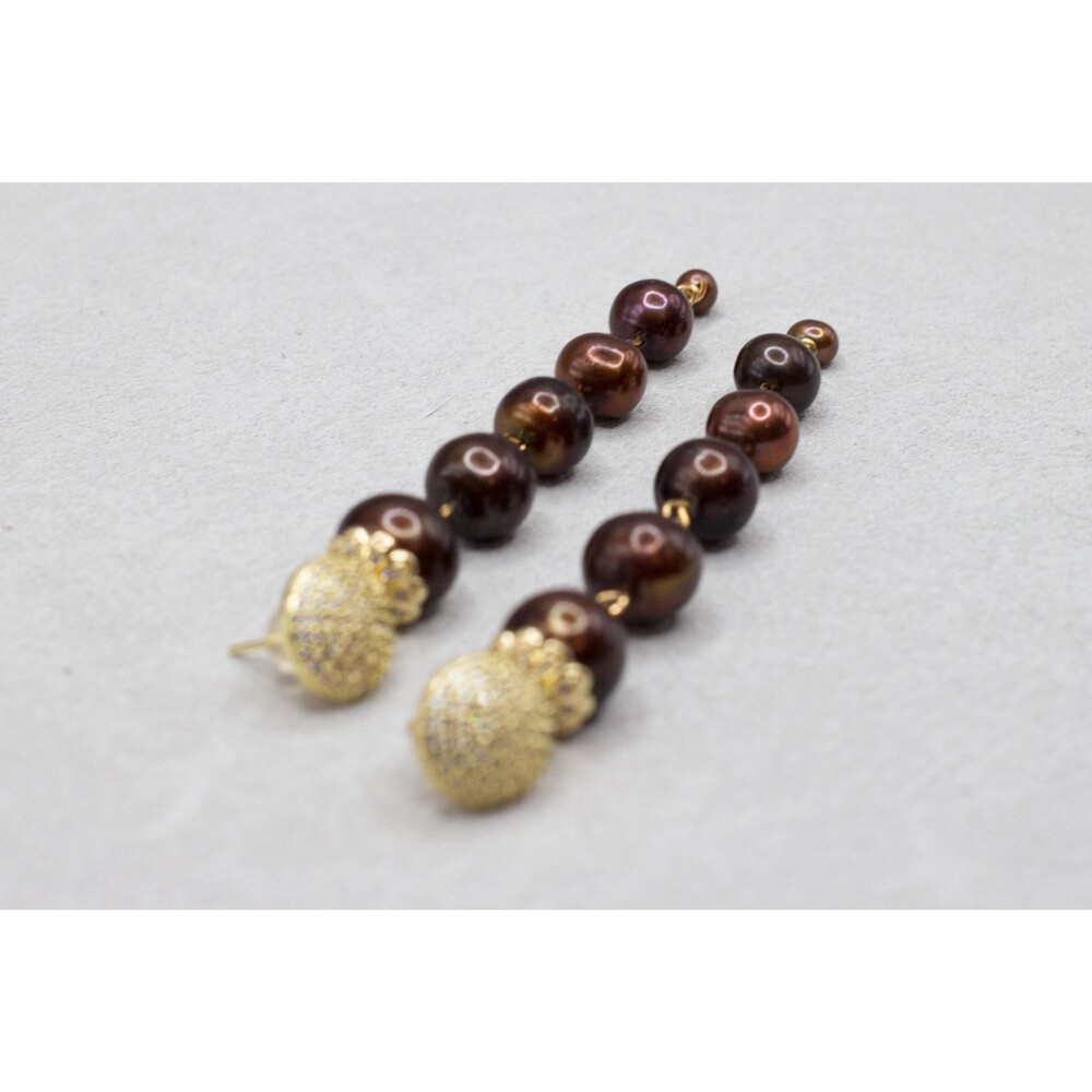 Long Chocolate Freshwater Pearl Cascade Earrings CZ Pave Studs